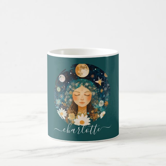 Caneca De Café Cosmic Girl Boho Moon & Daisy Illustration Custom (Centro)