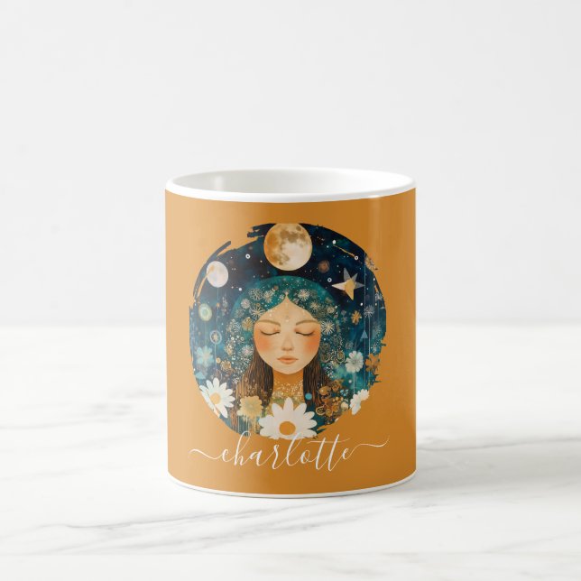Caneca De Café Cosmic Girl Boho Moon & Daisy Illustration Custom (Centro)