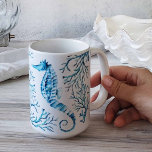Caneca De Café Costeira Azul, Cavalo-do-mar e Coral-d-água<br><div class="desc">Adicione o estilo costeiro à sua casa com a minha caneca de café bonito desenhada usando a minha mão original pintada com coral. Trabalho de arte de aquarela por Designs Victoria Rigali. O tema perfeito da praia é presente de Natal abaixo de 25 dólares. Para ver mais designs, visite o...</div>