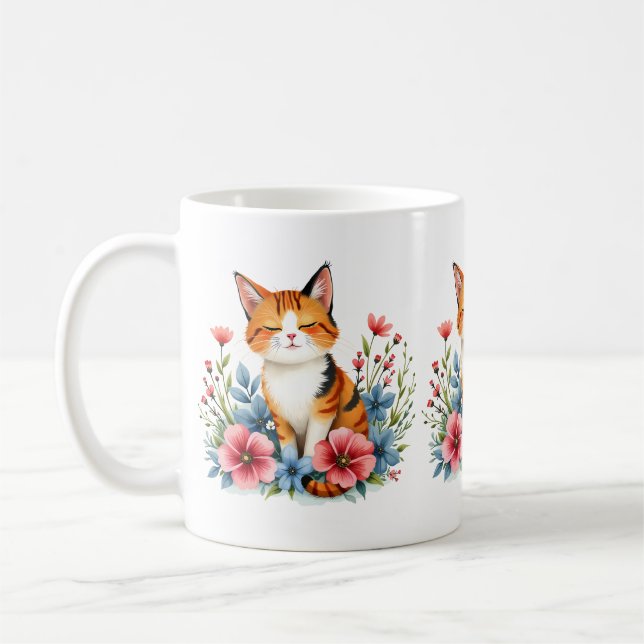 Caneca De Café Cottagecore Floral Cat Serene Felina Botânica (Esquerda)