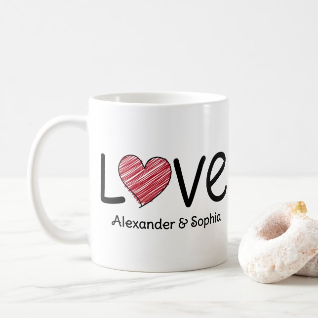 Caneca De Café Couple Love Scribble Heart Modern Black & Red (Com Donut)