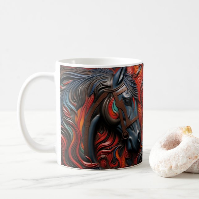 Caneca De Café Couro Arrefecido 3D Parecido Impresso Cavalo Negro (Com Donut)