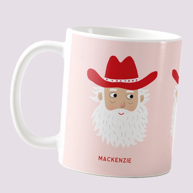 Caneca De Café Cowboy Santa Claus Christmas Custom Text Pink (Fun Cowboy Santa Claus Western themed Holiday Christmas coffee mug)