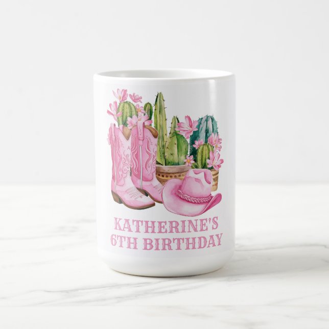 Caneca De Café Cowgirl Ocidental rosa Cactus Watercolor Aniversár (Centro)
