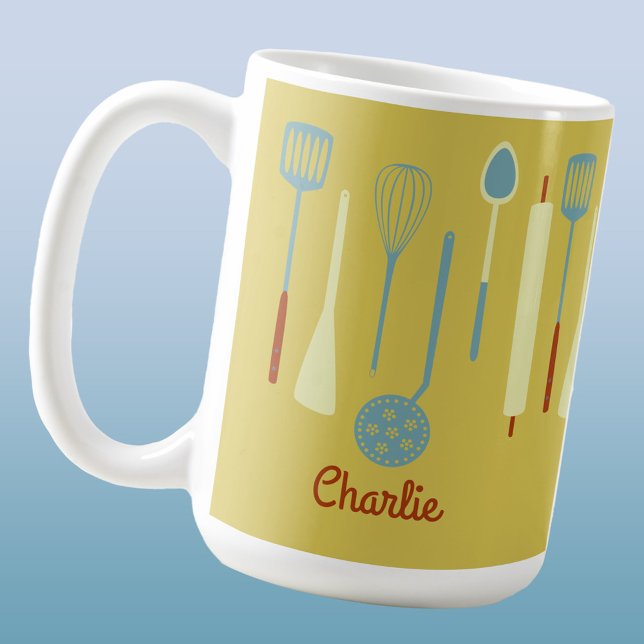 Caneca De Café Cozinha Retroativa Personalizada (Retro kitchen utensils personalized name yellow mug)