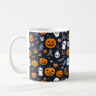 Caneca De Café Cozy Black Background Ghost & Pumpkin All-Over Pat