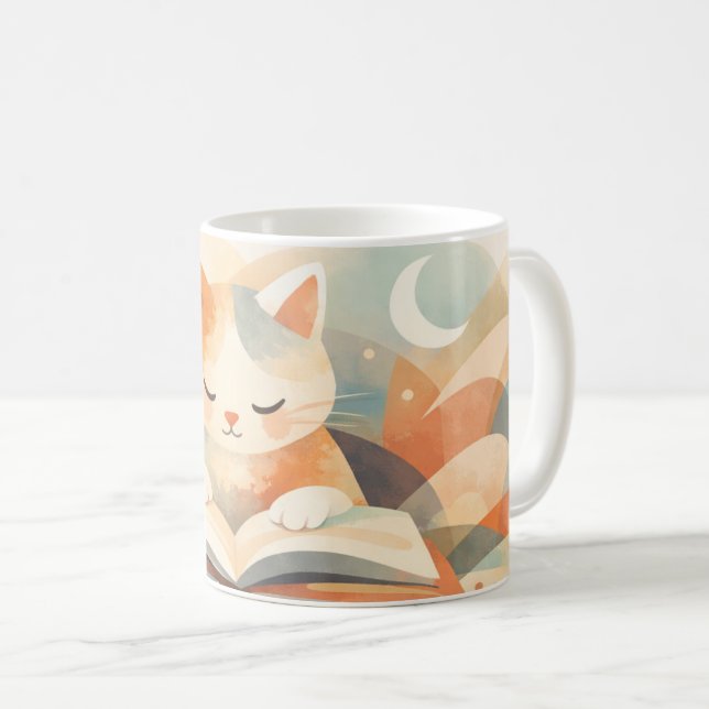 Caneca De Café Cozy Bookish Cat Abstract Coffee Mug – Soft Pastel (Frente Esquerda)
