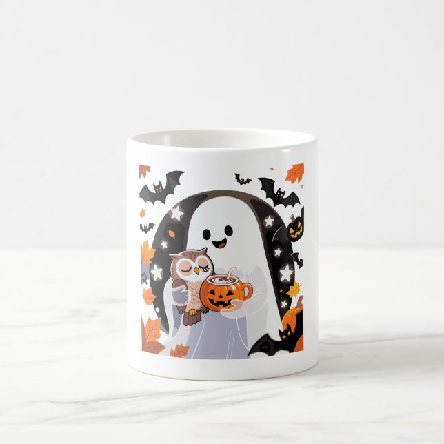 Caneca De Café Cozy Ghost e Owl Halloween Art (Centro)