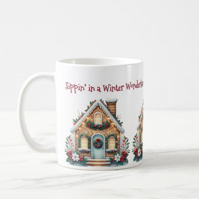 Caneca De Café Cozy Gingerbread House Holiday Illustration (Esquerda)