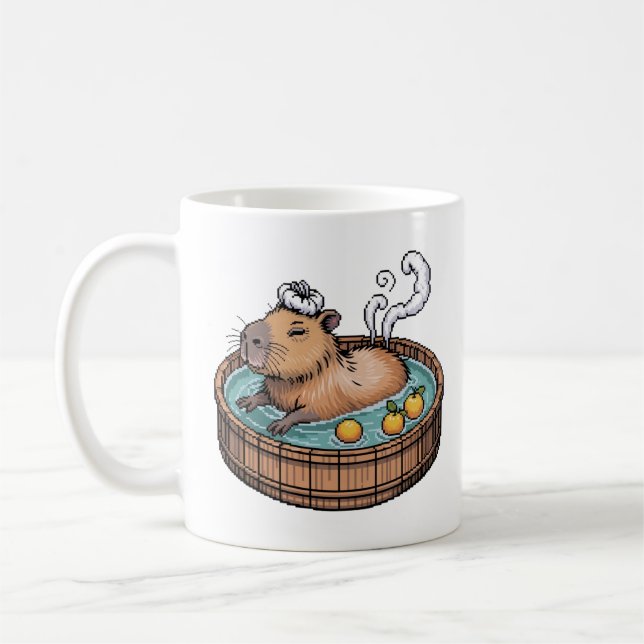 Caneca De Café Cozy Pixel Art Zen Capybara Hot Spring (Esquerda)