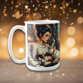 Caneca De Café Cozy Scene | Cacau Bebendo feminino com Gato
