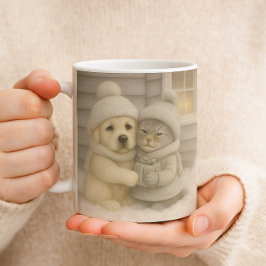 Caneca De Café Cozy Winter Mug with Puppy and Kitten Illustration