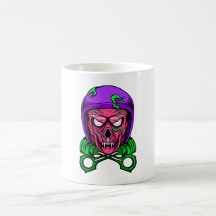 Caneca De Café Cráneo de Motoqueiro Zumbi Neon com Pistões Cruzad