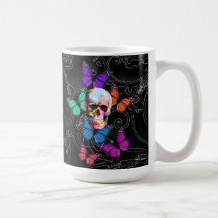 Caneca De Café Crânio da fantasia e borboletas coloridas