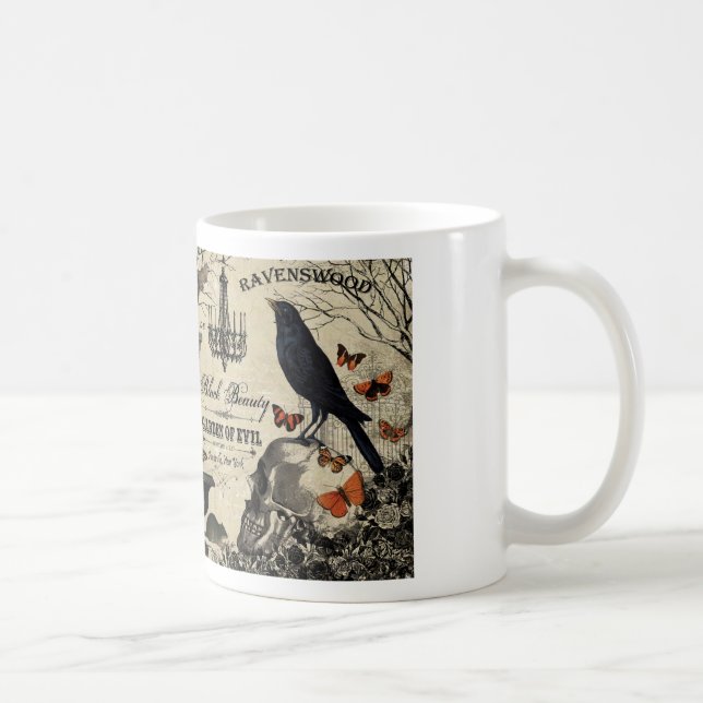 Caneca De Café crânio e corvo de halloween (Direita)