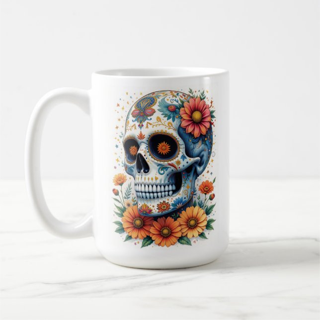 Caneca De Café Crânio Elegante de Açúcar com Flores (Esquerda)