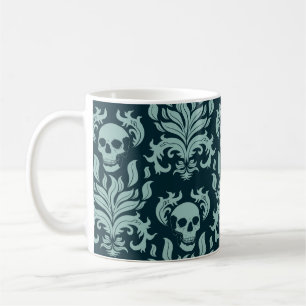 Caneca De Café Crânio Flame Damask em verde-menta em azul profund
