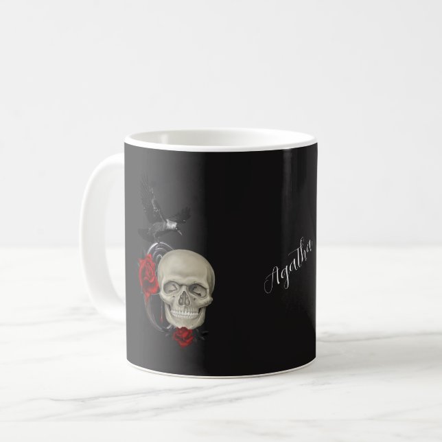 Caneca De Café Crânio Gótico Com Rosa E Corvo Personalizado (Frente Esquerda)