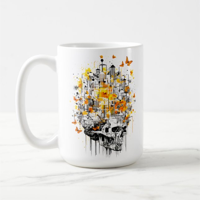 Caneca De Café Crânio, Linhas do Céu, Borboletas e Amarelo (Esquerda)
