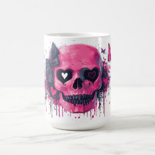 Caneca De Café Crânio rosa com borboletas e corações