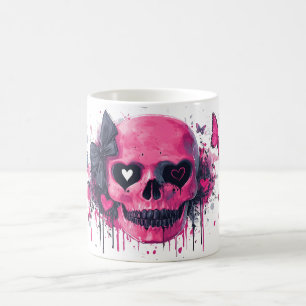 Caneca De Café Crânio rosa com borboletas e corações