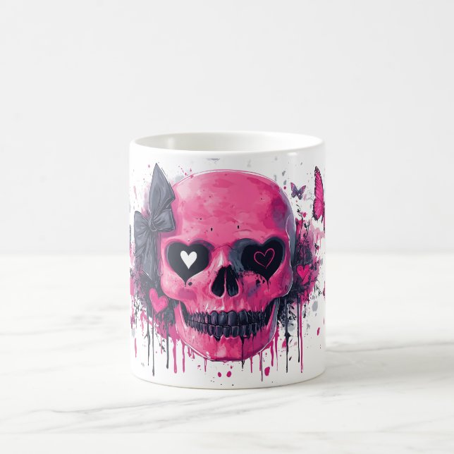 Caneca De Café Crânio rosa com borboletas e corações (Centro)