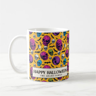 Caneca De Café Crânios E Morcegos Amarelo Halloween