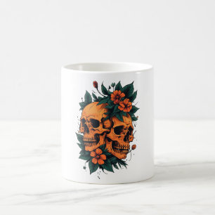 Caneca De Café Crânios Gêmeos Floral Gótico