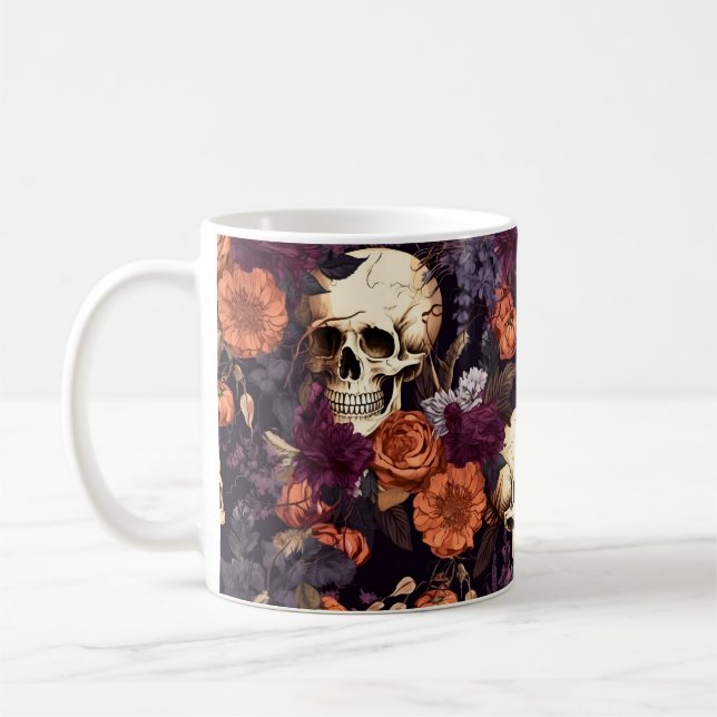 Caneca De Café Crânios Góticos Caem Florais Dark Halloween (Esquerda)