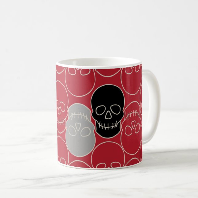 Caneca De Café Crânios - Vermelho e Branco Ósseo (Frente Esquerda)