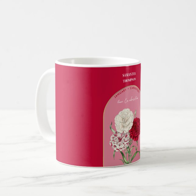 Caneca De Café Cravo de Mês de Janeiro para a Flor de Nascimento  (Frente Esquerda)
