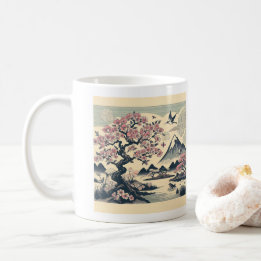 Caneca De Café Cravo Japonês de Xilogravura Flor de Cerejeira Mon