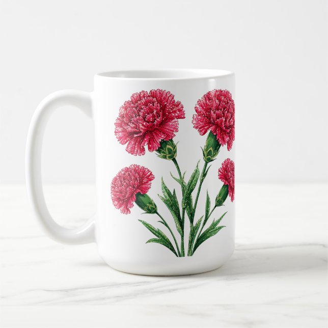 Caneca De Café Cravos Rosa Vibrante Com Caules Verdes (Esquerda)