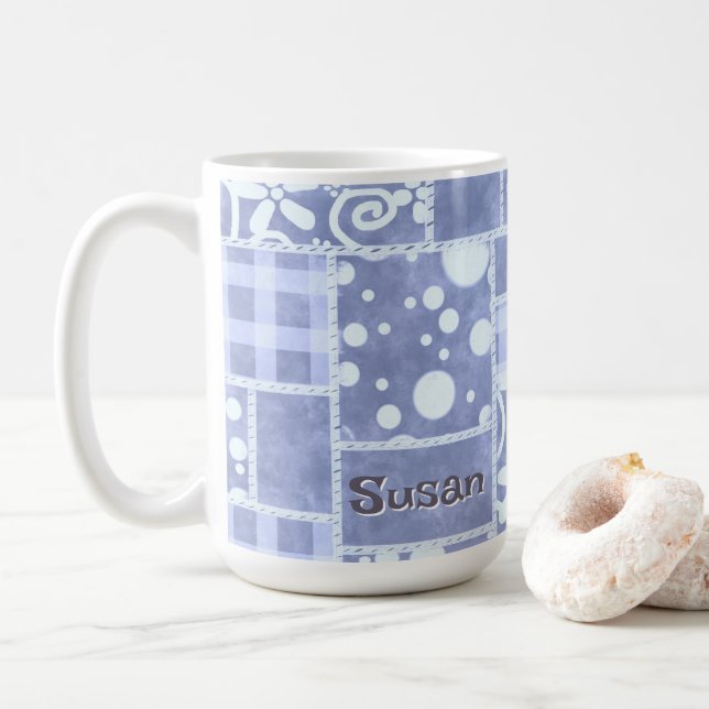 Caneca De Café Crazy Quilt Blue Gingham Floral Personalized  (Com Donut)