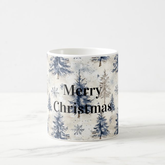 Caneca De Café Cream Blue Winter Christmas Trees Snowflakes (Centro)