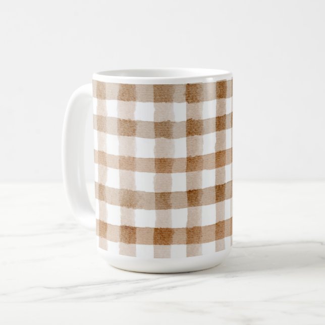 Caneca De Café Cream Brown Stripes Tan Plaid (Frente Esquerda)