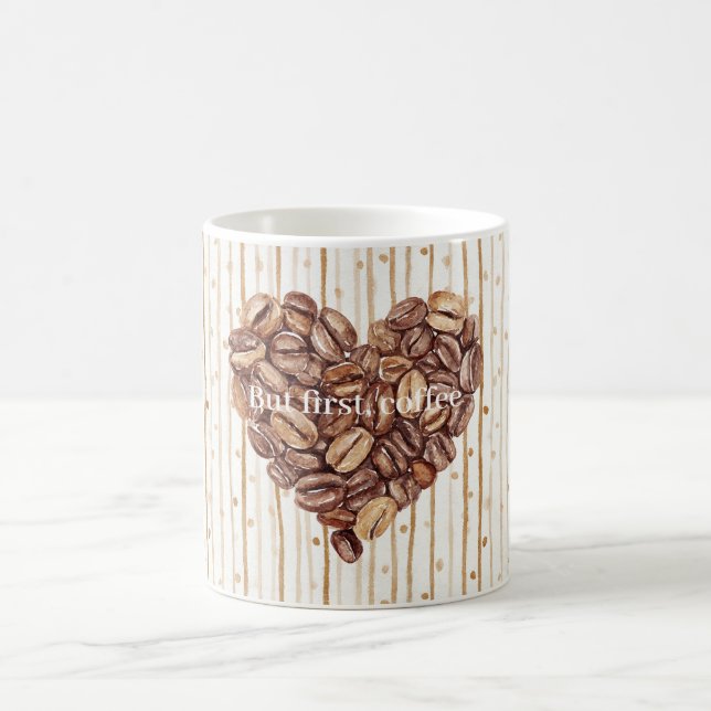 Caneca De Café Cream Dots Stripes First Coffee Beans Heart (Centro)