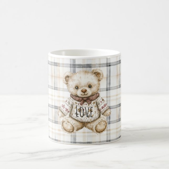 Caneca De Café Cream Grey Plaid Stripes Teddy Bear Love (Centro)