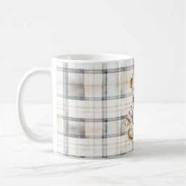Caneca De Café Cream Grey Plaid Stripes Teddy Bear Love
