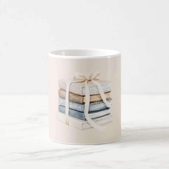 Caneca De Café Cream Tan Blue Books Ribbon Bow (Centro)