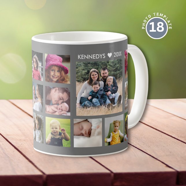 Caneca De Café Create Your Own 18 Photo Collage Family Name Gray (Criador carregado)