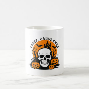 Caneca De Café Creep, Carve, Chill: Halloween Skull & Pumpkin