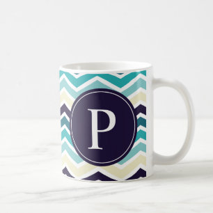 Caneca De Café Creme Azul Marinho Monograma Chevron