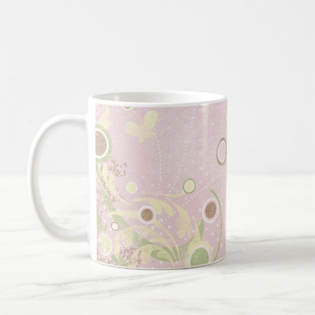 Caneca De Café Creme Rosa Bolinhas Borboletas Clássica (Esquerda)