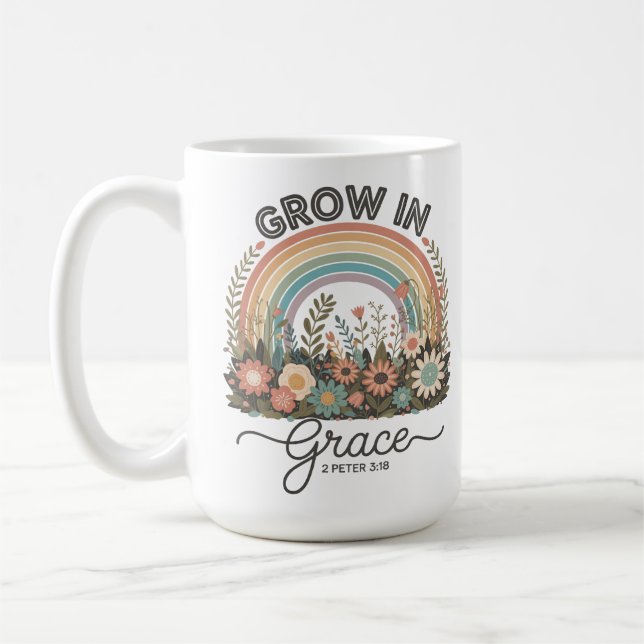 Caneca De Café Cresça em Graça Floral Arco-íris Cristão (Esquerda)