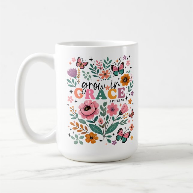 Caneca De Café Cresça em Graça Floral Cristã (Esquerda)