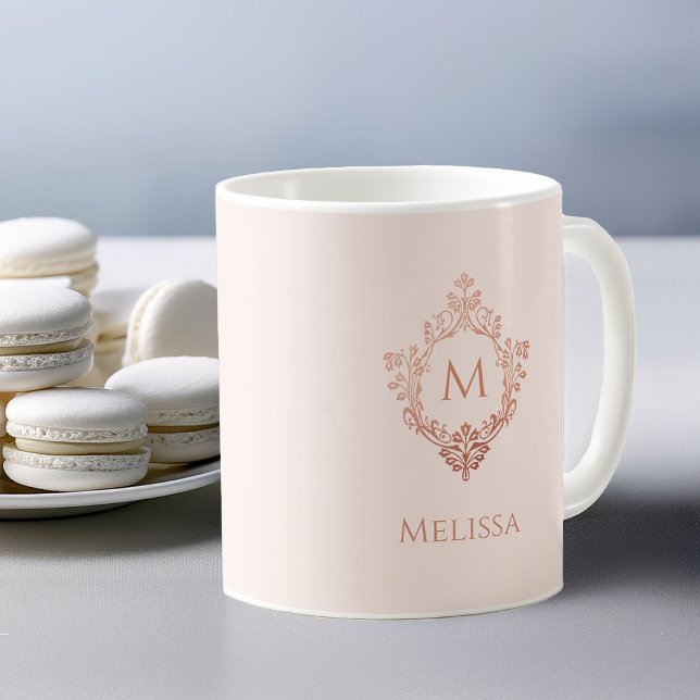 Caneca De Café Crest Nome Monograma Rosa Dourado Rosé Elegante An (Criador carregado)