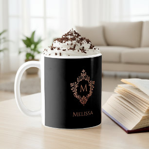 Caneca De Café Crest Preto Rosa Elegante Monograma em Rose Gold e