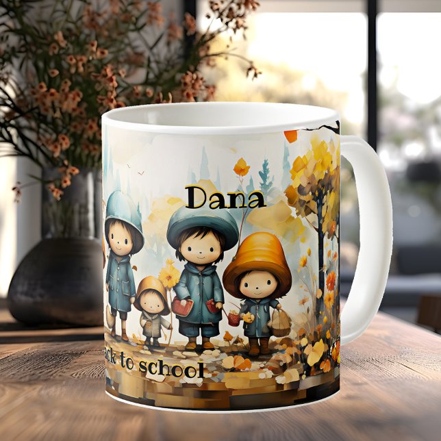 Caneca De Café Crianças bonitas de volta à escola (Mug featuring children going back to school in a fall landscape with flowers and butterflies)