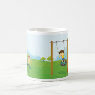 Caneca De Café Crianças Brincando no Balanço de Pneu